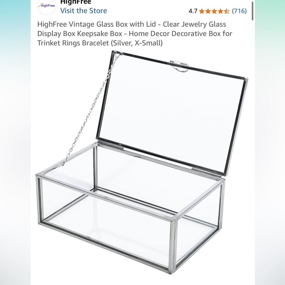 New in box Silver Glass Display Box with Lid - Keepsake Box